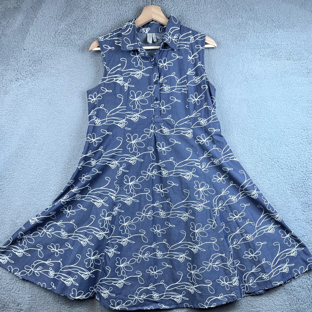 Sahalie Womens Blue Floral Embroidered Cotton Sleeveless A-Line Shirt Dress S - Picture 2 of 9